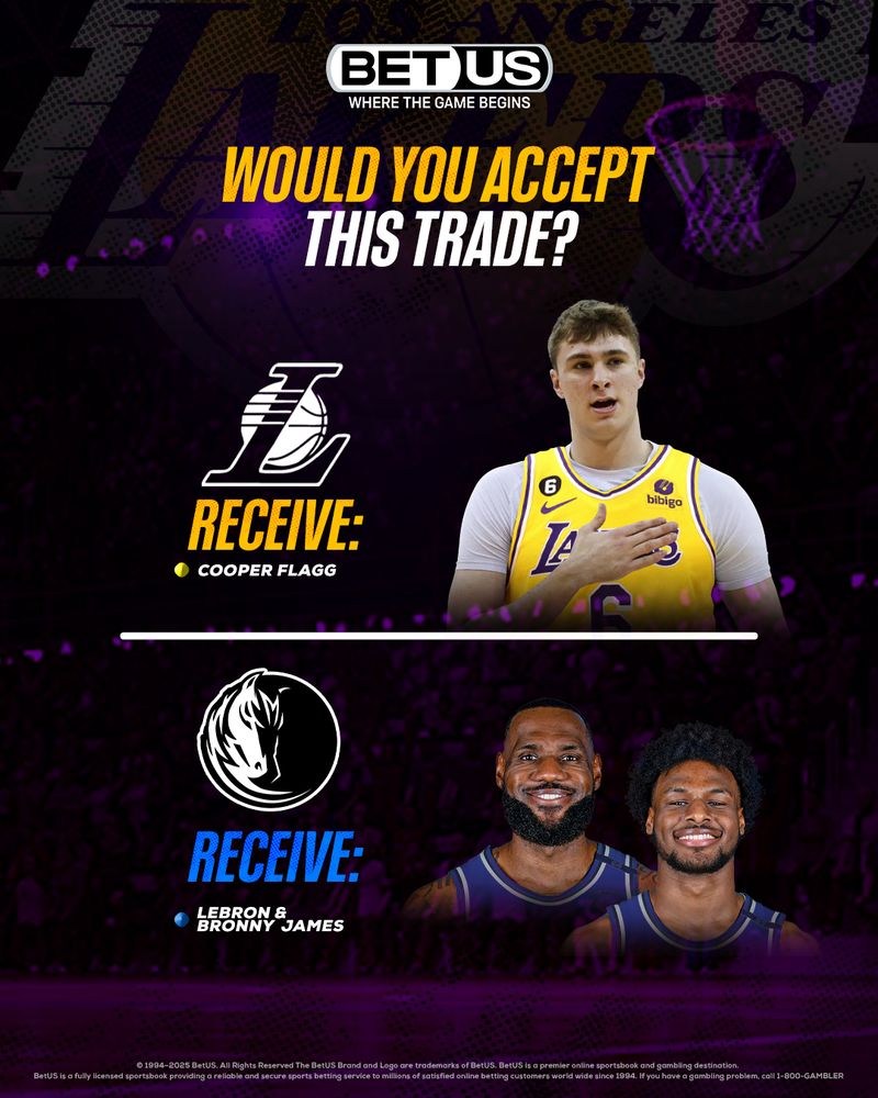 BetUS_NBA's tweet image. 🔥 BLOCKBUSTER TRADE IDEA 🔥
Would YOU accept this?
👀 Lakers get: Cooper Flagg
🟣🆚🔵
Mavs get: LeBron & Bronny James
Let the debate begin 🗣️
👇 Drop your answer in the comments!
#NBA #NBAPlayoffs #NBADraftLottery #Lakeshow #LeBron #MFFL