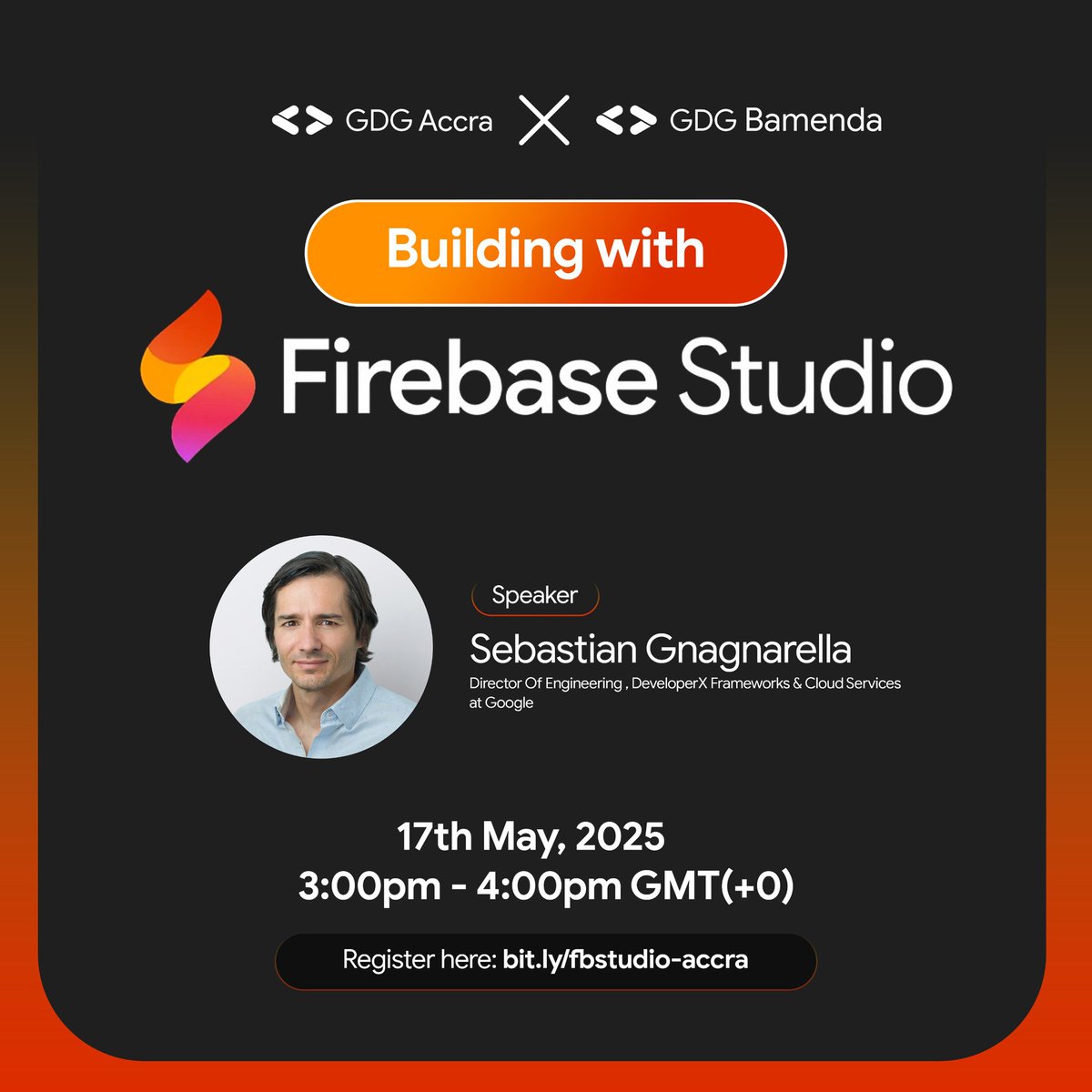 Join us for #FirebaseStudio with @SebastianGnagnarella (<a href="/Google/">Google</a> Eng Director)!

Register: bit.ly/fbstudio-accra

Hosted by <a href="/GDGAccra/">GDG Accra | #DevFestAccra</a> X <a href="/GDGBamenda/">GDG Bamenda</a>. Don’t miss this deep dive into Firebase tools! #GDG #GoogleDevs