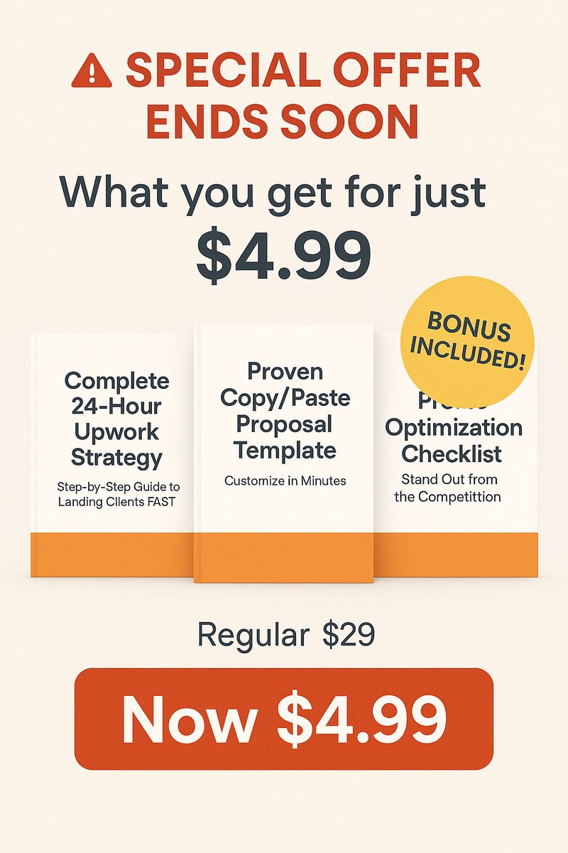 intuisynth's tweet image. 🚨 SPECIAL OFFER ENDS SOON 🚨

⭐️ BONUS: Quick-start implementation guide included!

This bundle won&apos;t stay \$4.99 for long. Price increases tomorrow!

Grab it now 👇  
intuisynth.gumroad.com/l/upwork24hour

#SpecialOffer #SpecialOffer

#LimitedTimeDeal #Under5Dollars #ValueBundle