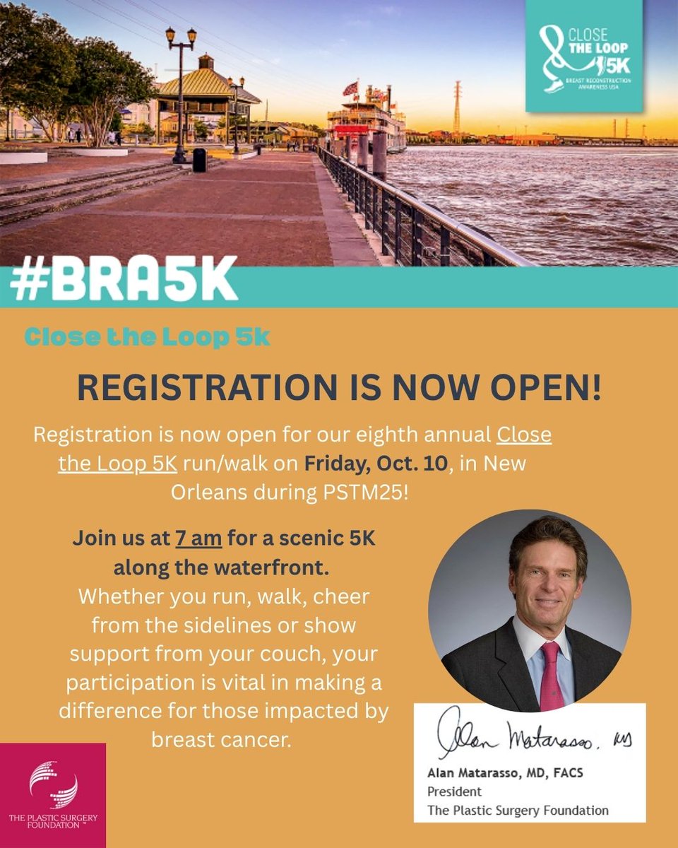 Please join us for our 8th annual Close the Loop 5k run/walk on Friday, October 10 in New Orleans!
#PlasticSurgeonMatarasso #plasticsurgery #pstm25 #bra5k #closetheloop5k #psf #neworleans #5krun #breastcancerawareness #breastreconstruction #registernow