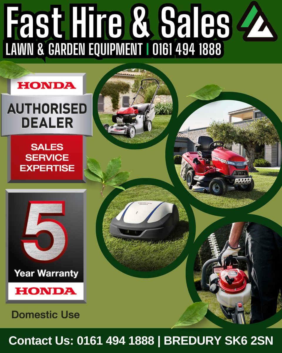 🏡 Need reliable garden equipment this spring?
We’re your local Honda Authorised Dealer in Bredbury!

🌿 Ride-ons, mowers, Miimo robots &amp; more
🧰 Sales | Service | Repairs
✅ 5-Year Warranty

📞 0161 494 1888
#HondaMiimo #LawnCare #GardenTools #FastHireAndSales #BredburyBusiness