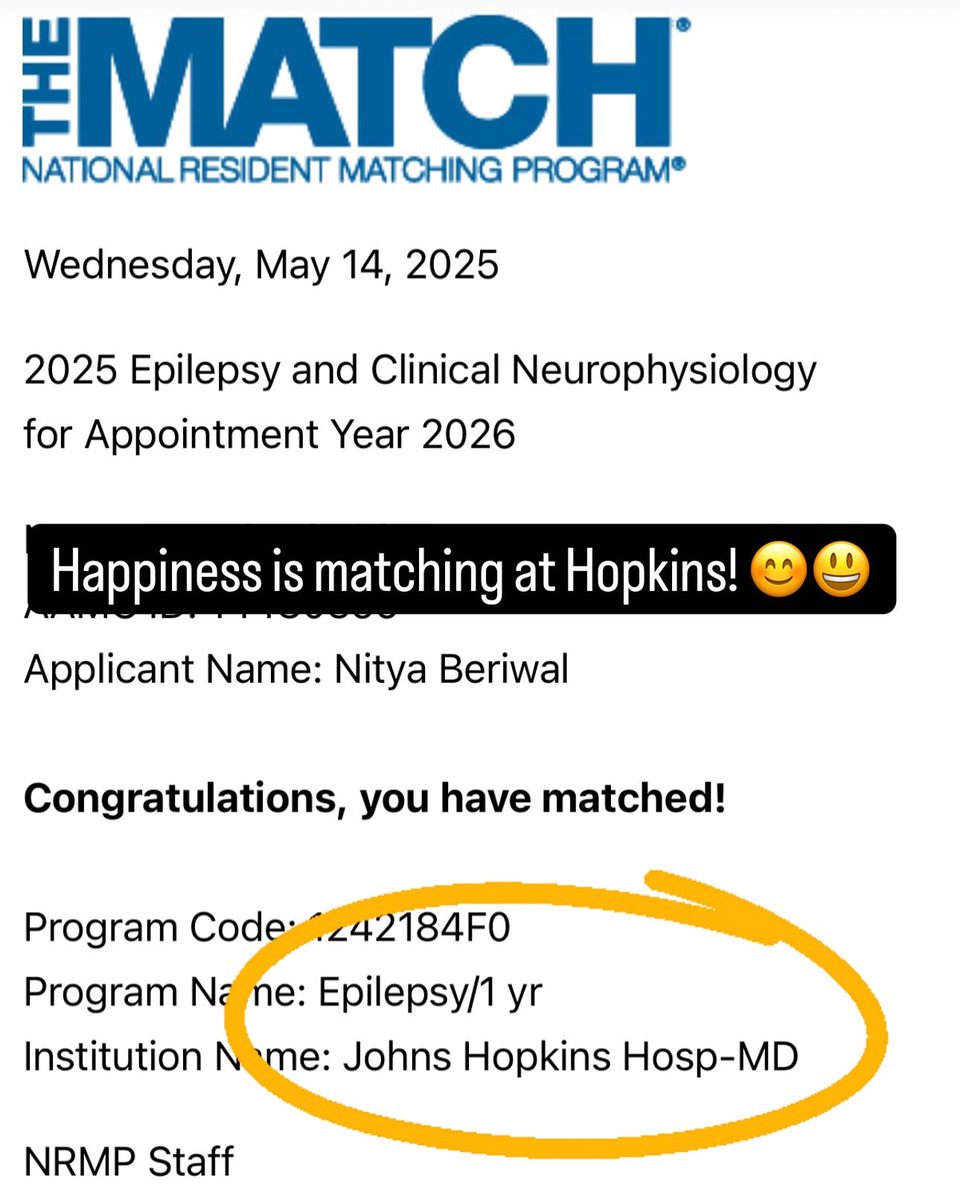 Nitya Beriwal, MD (@doctor_nitya) on Twitter photo Matched into my top choice for Epilepsy fellowship: John Hopkins 😇🙏
#neurotwitternetwork <a href="/HopkinsMedicine/">Johns Hopkins Medicine</a>
<a href="/NMatch2026/">NeurologyMATCH2026</a> #epilepsy 👶🏻🧠⚡️
When your childhood dream manifests into reality! I had it on my vision board growing up! 💜 Matched into my top choice for Epilepsy fellowship: John Hopkins 😇🙏
#neurotwitternetwork <a href="/HopkinsMedicine/">Johns Hopkins Medicine</a>
<a href="/NMatch2026/">NeurologyMATCH2026</a> #epilepsy 👶🏻🧠⚡️
When your childhood dream manifests into reality! I had it on my vision board growing up! 💜