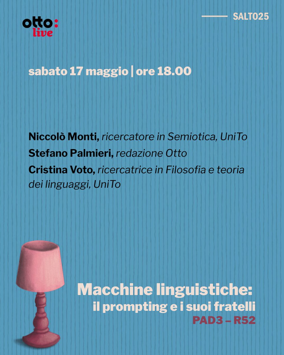 Università di Torino (@unito) on Twitter photo Il programma della seconda parte dei talk della terza giornata di #Ottolive, il podcast in diretta dallo stand di Unito al <a href="/SalonedelLibro/">Salone Libro Torino</a>
Pad 3 - stand R52
Diretta su youtube.com/unitoyou
Domani, sabato 17 maggio: Il programma della seconda parte dei talk della terza giornata di #Ottolive, il podcast in diretta dallo stand di Unito al <a href="/SalonedelLibro/">Salone Libro Torino</a>
Pad 3 - stand R52
Diretta su youtube.com/unitoyou
Domani, sabato 17 maggio: