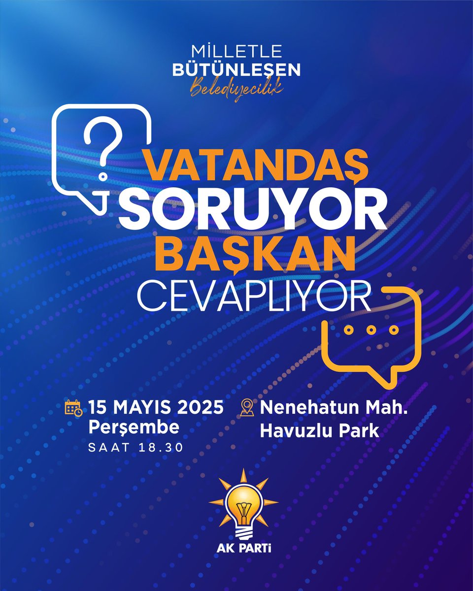 Vatandaş soruyor, başkan cevaplıyor programımızda bu hafta Nenehatun Mahallemizdeyiz.

15 Mayıs Perşembe günü gerçekleştirilecek olan “Vatandaş Soruyor, Başkan Cevaplıyor” programımıza tüm hemşehrilerimiz davetlidir.  

🗓️ 15 Mayıs Perşembe

⏰ 18:30

📍Nenehatun Havuzlu Park
