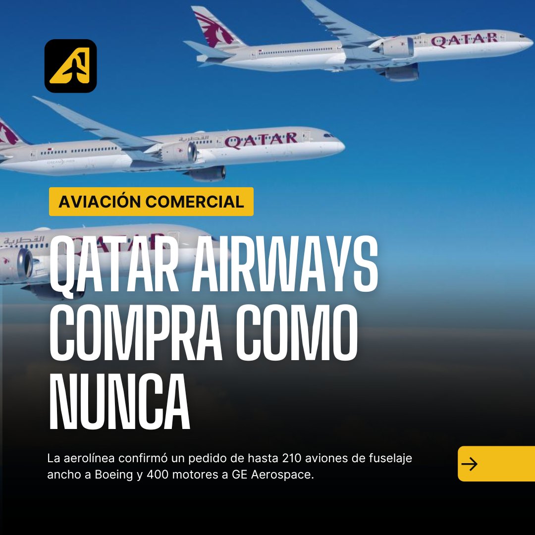 Qatar Airways concreta el mayor pedido de aviones de fuselaje ancho de su historia: 130 787 y 30 777-9, además de 50 opciones.

En paralelo encarga más de 400 motores a GE Aerospace.

aviacionline.com/qatar-airways-…