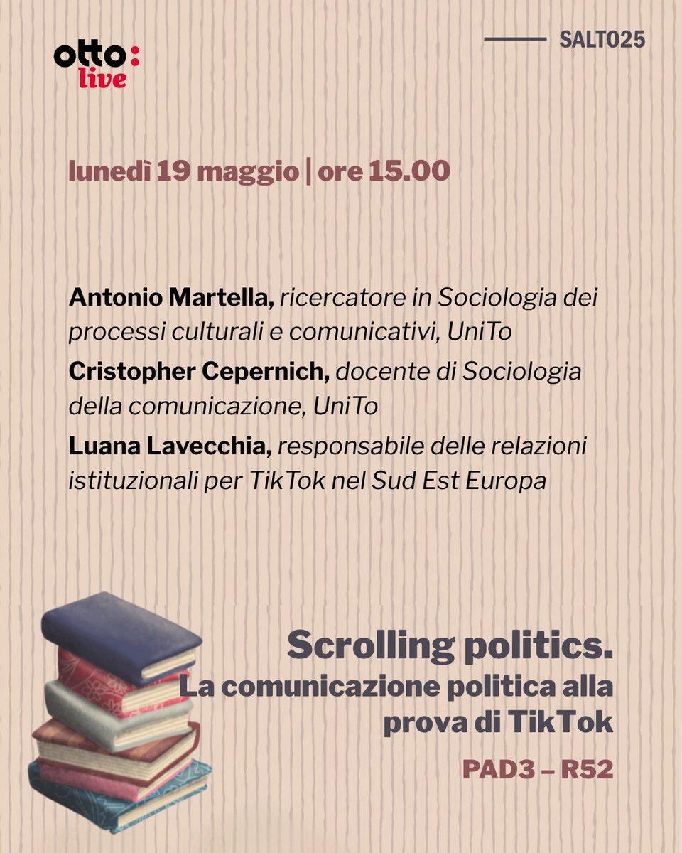 Università di Torino (@unito) on Twitter photo Il programma dell'ultima giornata di #Ottolive, il podcast in diretta dallo stand di Unito al <a href="/SalonedelLibro/">Salone Libro Torino</a>
Pad 3 - stand R52
Diretta su youtube.com/unitoyou
Domani, lunedì 19 maggio: Il programma dell'ultima giornata di #Ottolive, il podcast in diretta dallo stand di Unito al <a href="/SalonedelLibro/">Salone Libro Torino</a>
Pad 3 - stand R52
Diretta su youtube.com/unitoyou
Domani, lunedì 19 maggio: