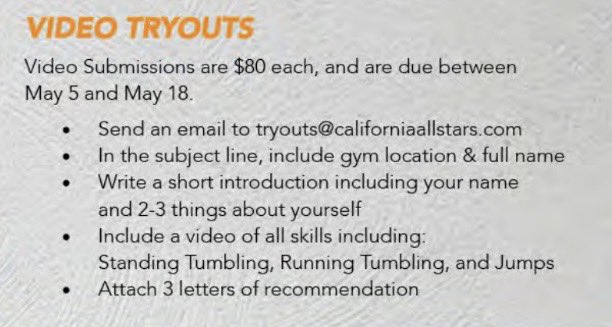 IONT TRYOUT INFO:

✨IONT tryouts begin tonight May 14th from 7-8:30 pm
✨Callbacks will be on Saturday May 17th from 1-2:30 pm
✨Video tryouts are due by Sunday May 18th
✨Athletes must register for tryouts through the link: portal.iclasspro.com/calisanmarcos/…