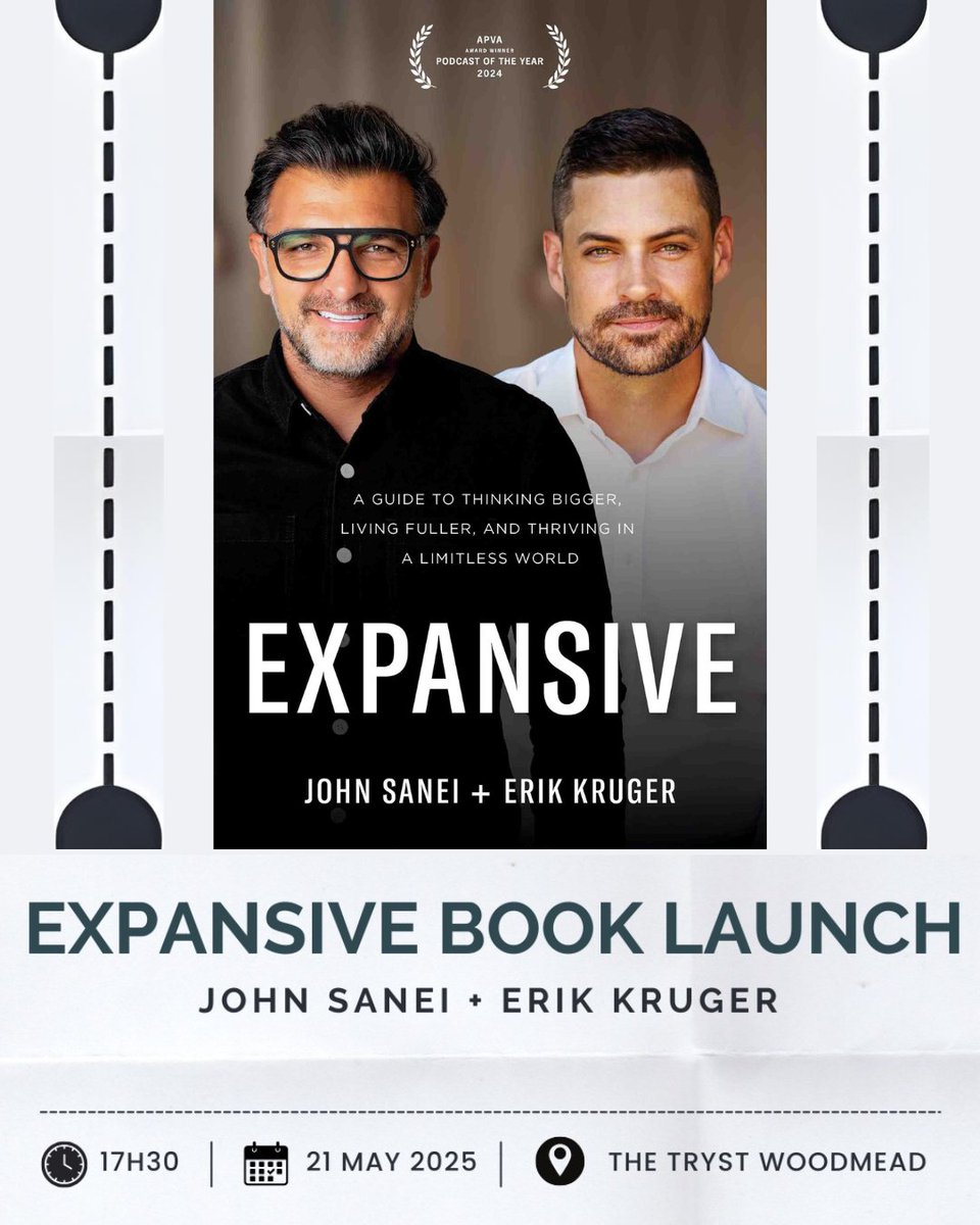 🌆 JOBURG 🌆 Join John Sanei &amp; Erik Kruger for the launch of Expansive; their brand-new book on leadership and transformation.
📍 The Tryst, Woodmead
 🗓 Wed, 21 May
 🕠 17h30-20h30
Register here:
 quicket.co.za/events/314923-…