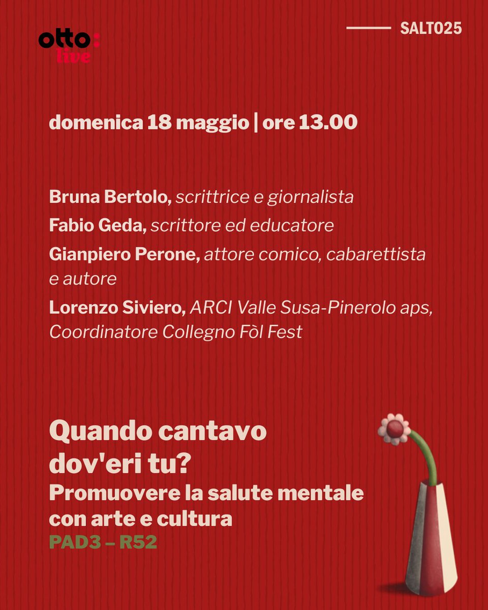 Università di Torino (@unito) on Twitter photo Il programma dei primi 2 talk della penultima giornata di #Ottolive, il podcast in diretta dallo stand di Unito al <a href="/SalonedelLibro/">Salone Libro Torino</a>
Pad 3 - stand R52
Diretta su youtube.com/unitoyou
Domani, domenica 18 maggio: Il programma dei primi 2 talk della penultima giornata di #Ottolive, il podcast in diretta dallo stand di Unito al <a href="/SalonedelLibro/">Salone Libro Torino</a>
Pad 3 - stand R52
Diretta su youtube.com/unitoyou
Domani, domenica 18 maggio: