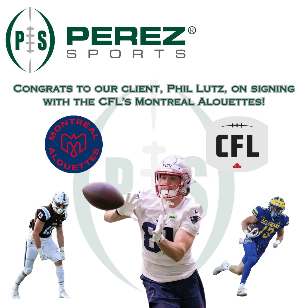 Perez Sports Associates, LLC. (@perezsports) on Twitter photo Congrats to our client, Phil Lutz, on signing with the CFL's Montreal Alouettes! <a href="/plutz21/">Philip Lutz jr</a> <a href="/PerezSportsJP/">John Perez</a> <a href="/Delaware_FB/">Delaware Football</a> <a href="/FootballTufts/">Tufts University Football</a> Congrats to our client, Phil Lutz, on signing with the CFL's Montreal Alouettes! <a href="/plutz21/">Philip Lutz jr</a> <a href="/PerezSportsJP/">John Perez</a> <a href="/Delaware_FB/">Delaware Football</a> <a href="/FootballTufts/">Tufts University Football</a>