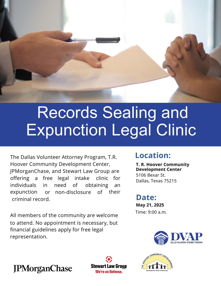 🔏 Need a Fresh Start? Join us for a legal intake clinic focused on Expunctions and Record Sealing!
📅 Date: May 21, 2025
⏰ Time: 9 AM
📍 Location: 5106 Bexar St. Dallas, TX 75215
All community members are welcome! No appointment needed.
