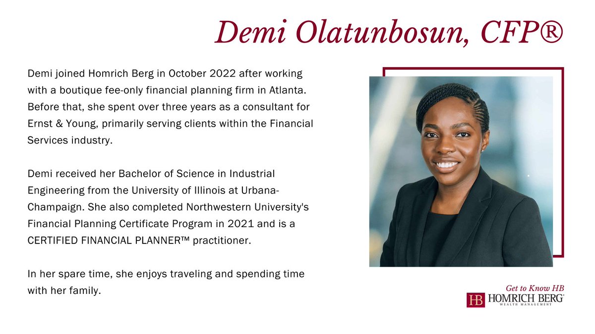 Who We are Wednesday - Demi Olatunbosun, CFP®

Click the link to read Demi's full bio: bit.ly/42opj5p

#homrichberg #fiduciary #feeonly #financialadvisor #financialplanning #ria #financialadvisors #financialplanners #wealthmanagement
#wealthmanagementservices