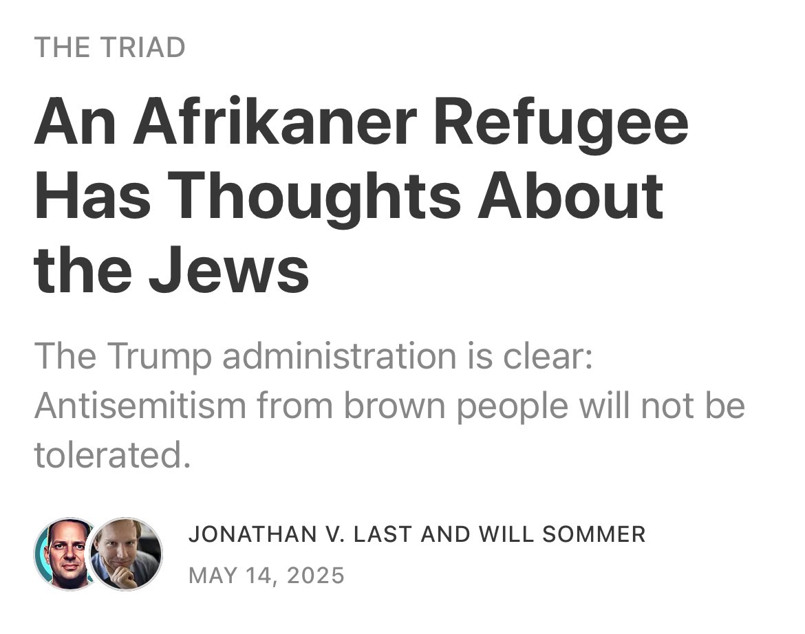 berman jewish databank peruser (@cholent_lover) on Twitter photo āIn a LinkedIn message to <a href="/BulwarkOnline/">The Bulwark</a>, Kleinhaus confirmed that this is his X account. Kleinhaus, who has resettled in Buffalo, said he was too busy filling out paperwork today to comment furtherā
š thebulwark.com/p/an-afrikaner⦠āIn a LinkedIn message to <a href="/BulwarkOnline/">The Bulwark</a>, Kleinhaus confirmed that this is his X account. Kleinhaus, who has resettled in Buffalo, said he was too busy filling out paperwork today to comment furtherā
š thebulwark.com/p/an-afrikanerā¦