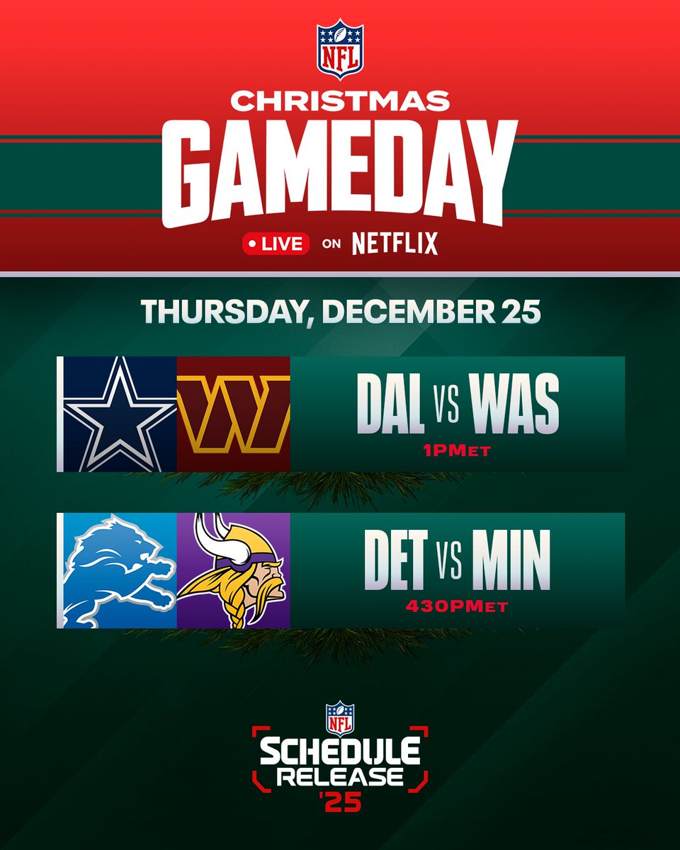 NFL (@nfl) on Twitter photo Here go two more for y’all 🎁
2025 Christmas Gameday on <a href="/netflix/">Netflix</a> Here go two more for y’all 🎁
2025 Christmas Gameday on <a href="/netflix/">Netflix</a>