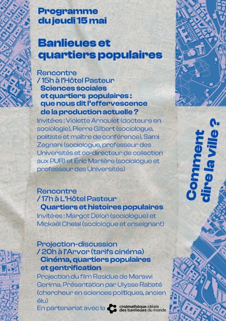Si jamais y’a des rennais.es, on peut se retrouver à partir de demain à l’Hotel Pasteur pour parler de « Grandir en cité » et écouter des gens passionnants parler des quartiers populaires avec <a href="/UlysseRabate/">Ulysse Rabaté</a> notamment !!