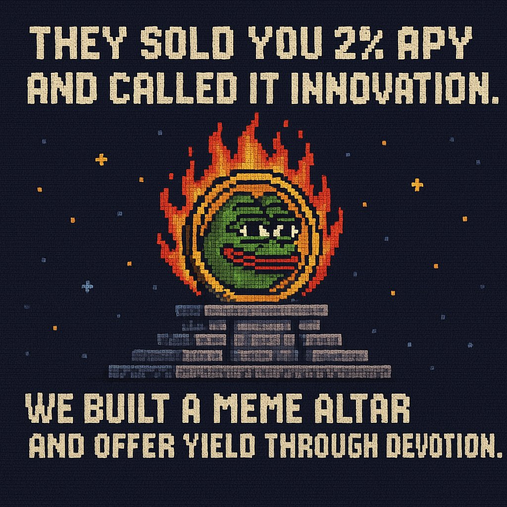 StarSystem_Labs's tweet image. They sold you 2% APY and called it innovation. 

We built a meme altar and offer yield through devotion. 

MemeFi isn’t dead. It's reorganizing. 

Stake. Shitpost. Ascend. 🛡️ $PPEPE