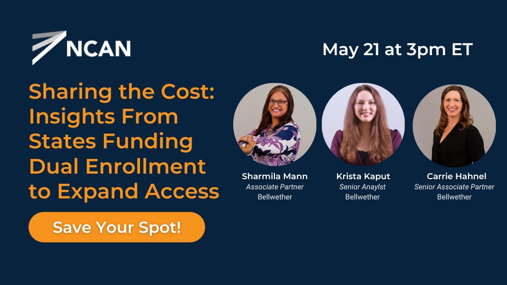 National College Attainment Network (NCAN) (@ncanetwork) on Twitter photo Join us for this #webinar that will dive into the findings from a new case study from <a href="/bellwetherorg/">Bellwether</a> on the structure & function of dual enrollment funding, including cost-sharing among states, schools, & community colleges. Register: bit.ly/3F6YI3I Join us for this #webinar that will dive into the findings from a new case study from <a href="/bellwetherorg/">Bellwether</a> on the structure & function of dual enrollment funding, including cost-sharing among states, schools, & community colleges. Register: bit.ly/3F6YI3I