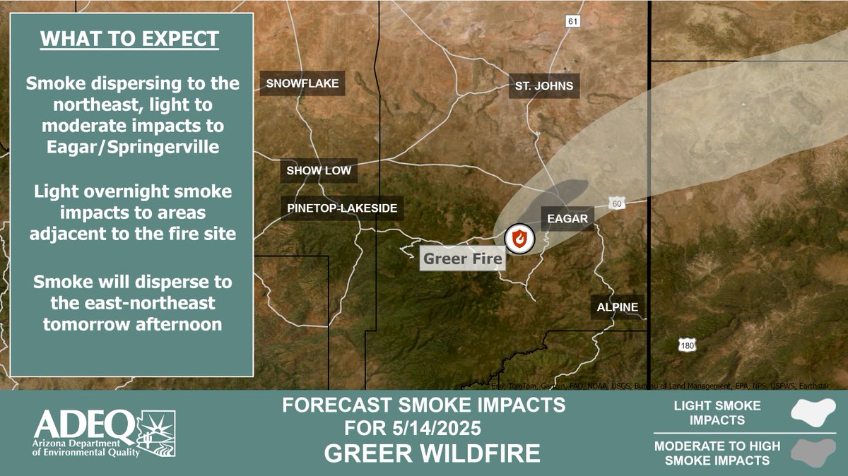 ArizonaDEQ's tweet photo. 🚨ADEQ has ACTIVATED the #GreerFire Wildfire Smoke Forecast.
See how #smoke is affecting your local community: #Eagar #Springerville🔥
Learn More ➡️https://t.co/RKW6bzLmKm
#AZFire #AZWildfire https://t.co/SbQEjHi9Ob