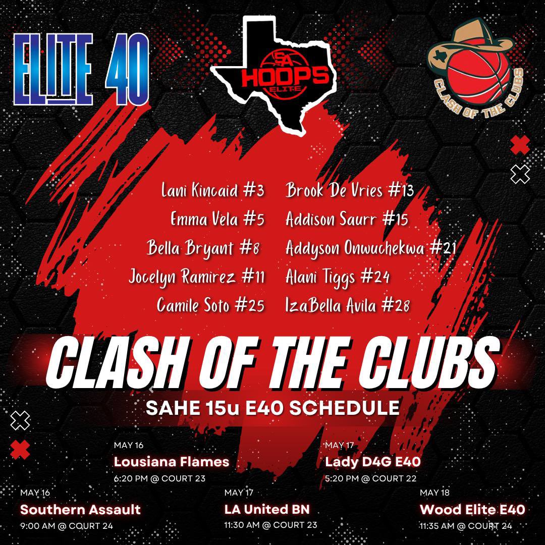 SA Hoops Elite (@sahoopselite) on Twitter photo Coaches, Catch our HS Squads this weekend @ Clash of Clubs: 17u, 16u, & 15u
🔥🔥🔥
<a href="/PBRhoops/">Premier Basketball</a> <a href="/Elite40League/">Elite 40 League</a> <a href="/Ohio_Basketball/">OhioBasketball.com</a> <a href="/ACH_GBB/">Alamo City Hoops GBB</a> Coaches, Catch our HS Squads this weekend @ Clash of Clubs: 17u, 16u, & 15u
🔥🔥🔥
<a href="/PBRhoops/">Premier Basketball</a> <a href="/Elite40League/">Elite 40 League</a> <a href="/Ohio_Basketball/">OhioBasketball.com</a> <a href="/ACH_GBB/">Alamo City Hoops GBB</a>