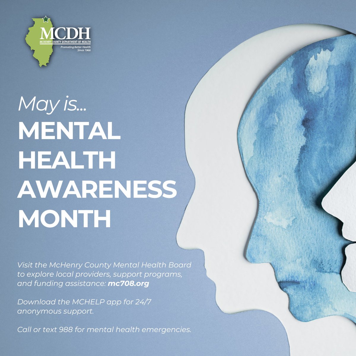 May is Mental Health Awareness Month.
Mental health matters—support is always within reach.

✔️ Find local providers and programs at mc708.org

📱 Download the MCHELP app for 24/7 anonymous support

📞 Call or text 988 in a mental health emergency