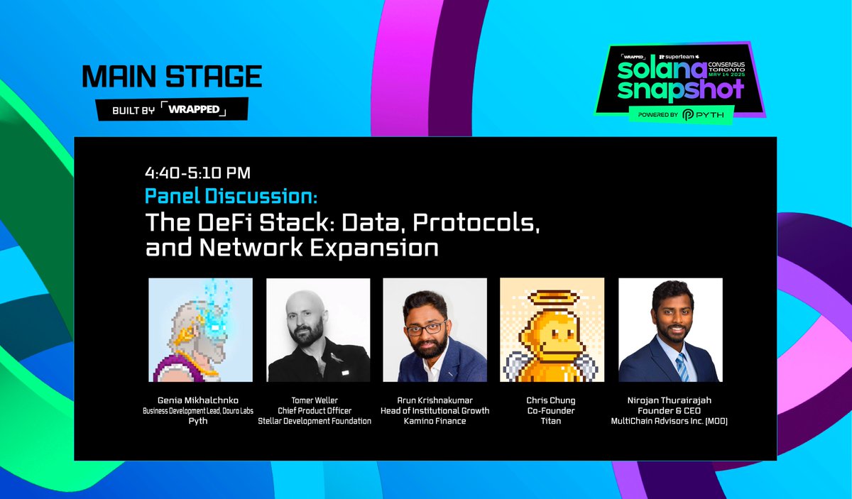 Wrapped (@wrappedxyz) on Twitter photo ⏰ Up next at 4:40PM ET — Panel Discussion on The DeFi Stack: Data, Protocols, Network Expansion!
Featuring:
<a href="/Genia_XBT/">Genia🔮</a> from <a href="/PythNetwork/">Pyth Network 🔮</a>
<a href="/tomerweller/">Tomer Weller</a> from <a href="/StellarOrg/">Stellar</a>
<a href="/gumdalf_/">Arun | Kamino</a> from @kaminofinance
<a href="/realRockyChung/">Rocky Chris | Titan</a> from @titan_exchange
<a href="/CryptoApe0/">CryptoApe 🔗</a> from <a href="/MultiChainInc/">MultiChain Advisors Inc.</a>
🔴 Watch ⏰ Up next at 4:40PM ET — Panel Discussion on The DeFi Stack: Data, Protocols, Network Expansion!
Featuring:
<a href="/Genia_XBT/">Genia🔮</a> from <a href="/PythNetwork/">Pyth Network 🔮</a>
<a href="/tomerweller/">Tomer Weller</a> from <a href="/StellarOrg/">Stellar</a>
<a href="/gumdalf_/">Arun | Kamino</a> from @kaminofinance
<a href="/realRockyChung/">Rocky Chris | Titan</a> from @titan_exchange
<a href="/CryptoApe0/">CryptoApe 🔗</a> from <a href="/MultiChainInc/">MultiChain Advisors Inc.</a>
🔴 Watch