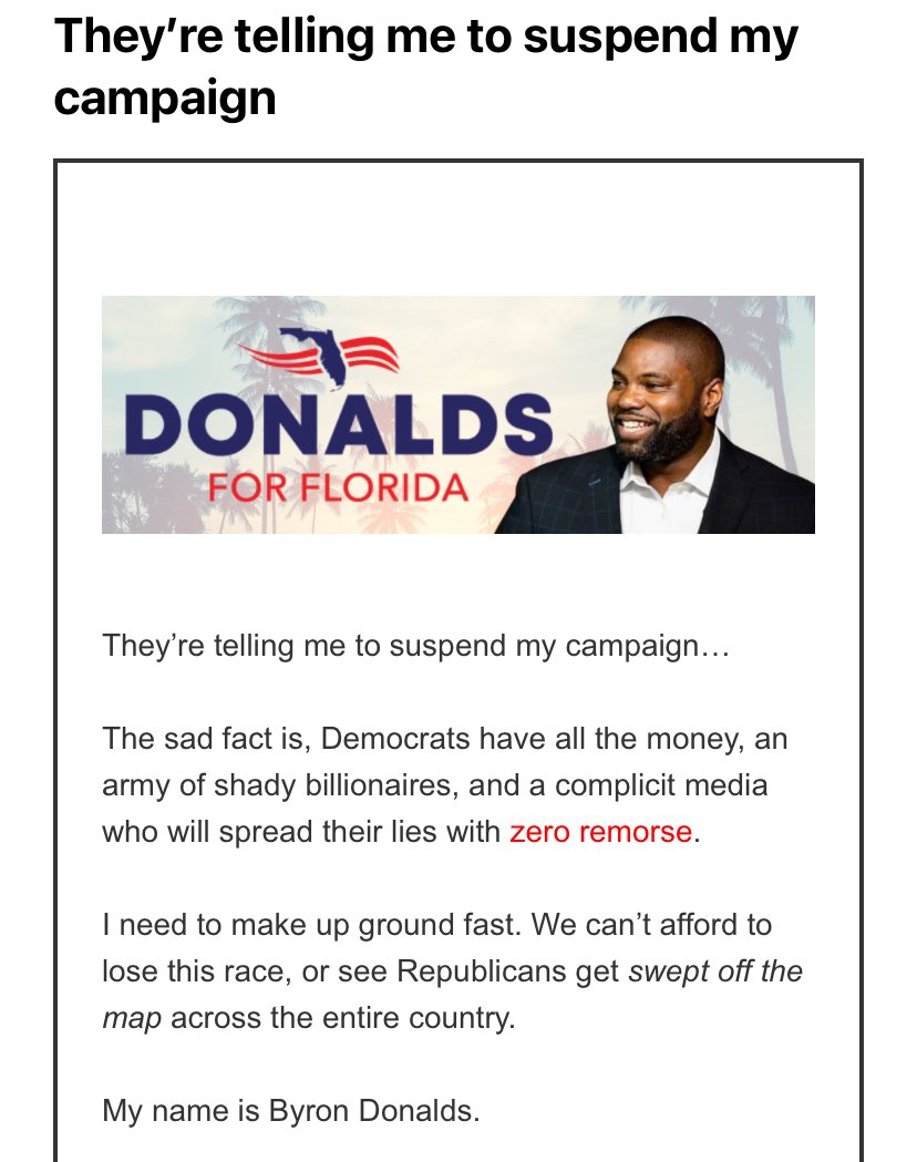 In fundraising pitch Donalds campaign asks for money to “make up ground fast” while suggesting he’s been urged to suspend campaign. Hmm. There are no other major candidates in race yet.