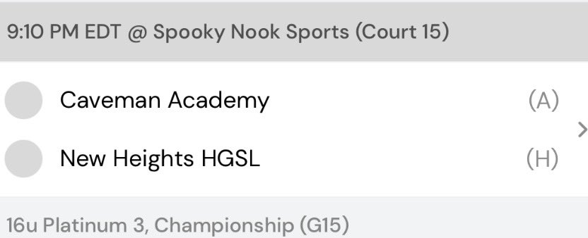 First game this weekend at spooky Nook.
9:10pm     Court 15   
Caveman Academy