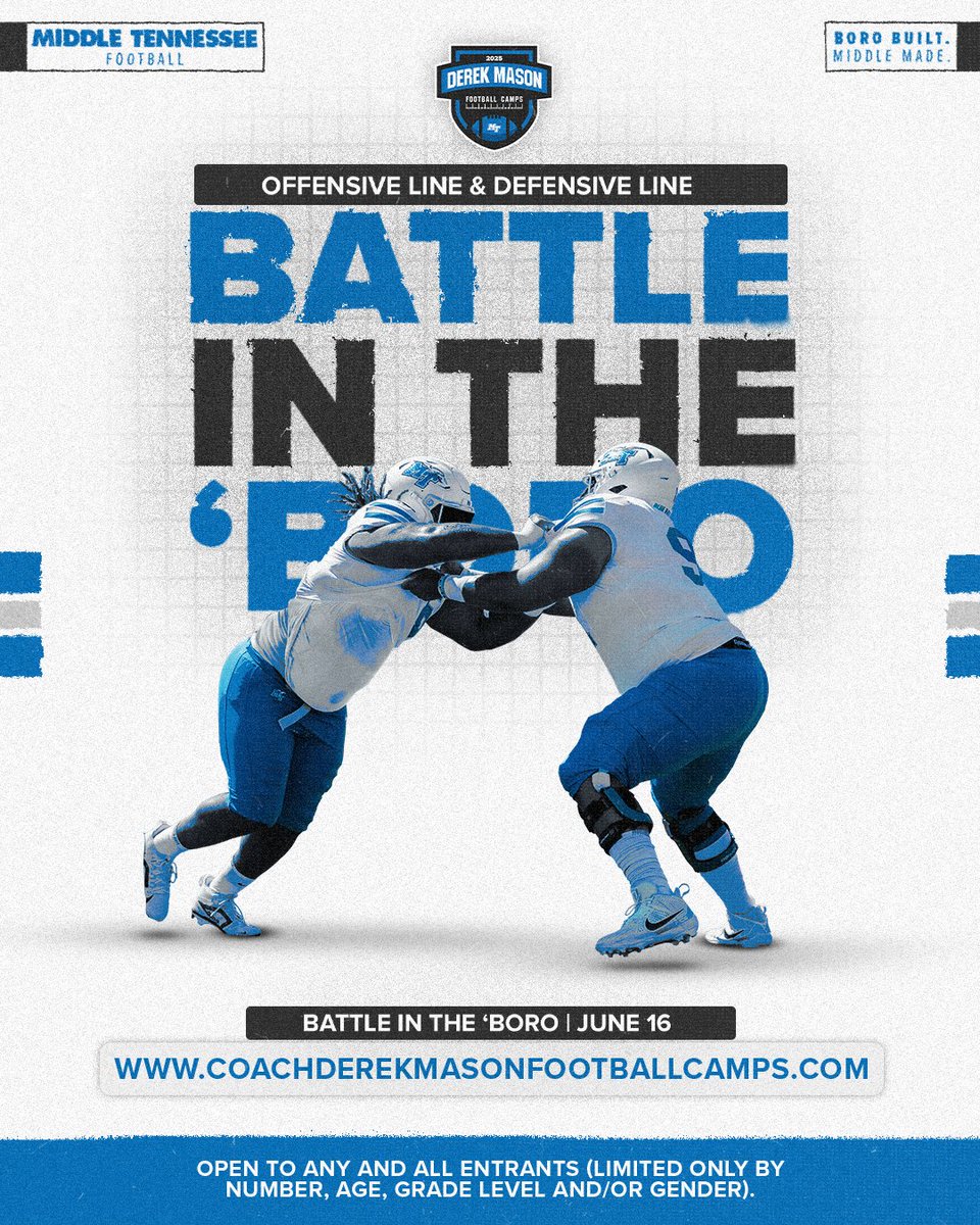 Dylan Barnett (@coachbarnett_) on Twitter photo ๐จONE MONTH AWAY๐จ
Come compete with some of the best bigs that the state of Tennessee has to offer and show out in front of the <a href="/MT_FB/">Middle Tennessee Football</a> staff!
๐coachderekmasonfootballcamps.com ๐จONE MONTH AWAY๐จ
Come compete with some of the best bigs that the state of Tennessee has to offer and show out in front of the <a href="/MT_FB/">Middle Tennessee Football</a> staff!
๐coachderekmasonfootballcamps.com