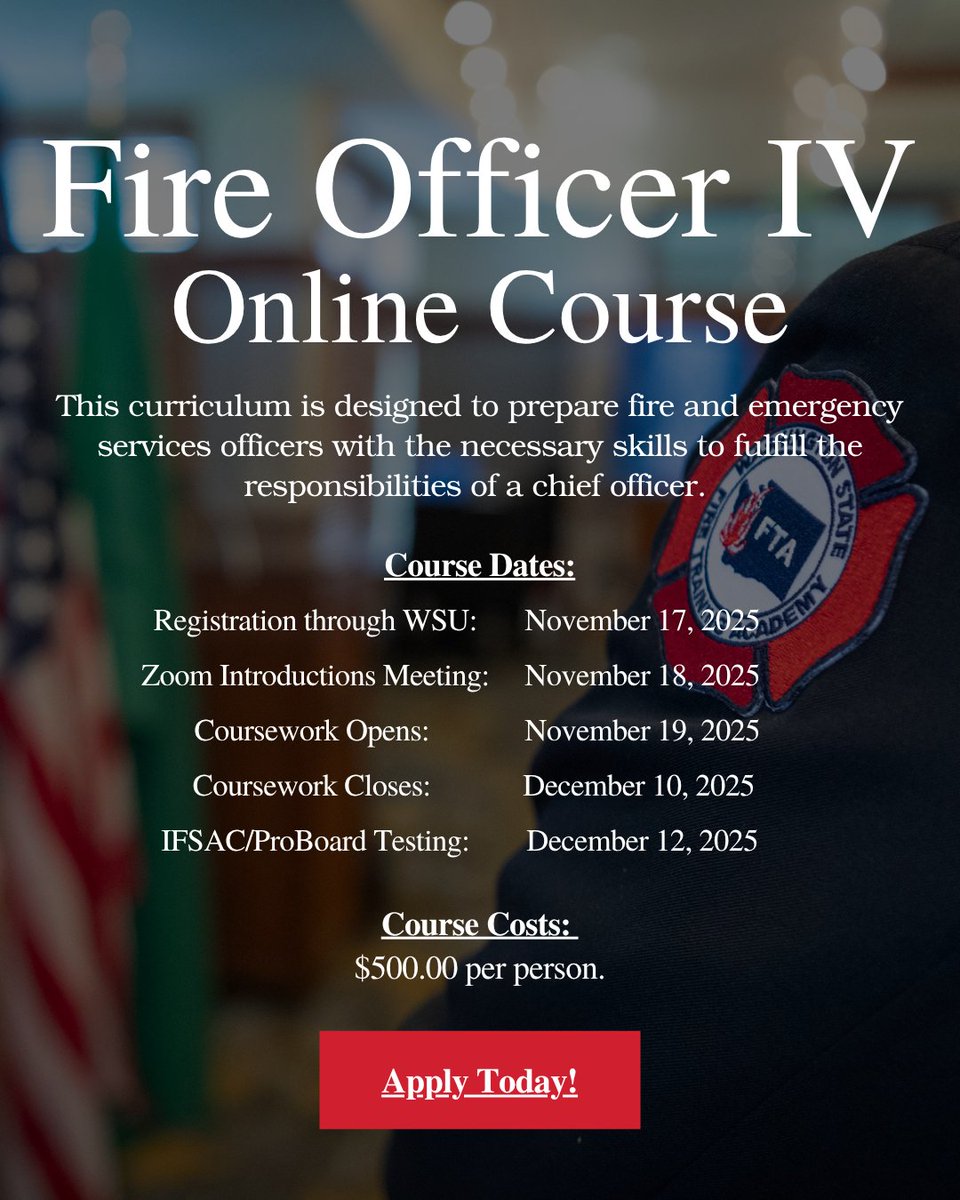 The #WAFireAcademy is holding a Fire Officer IV online course this Winter. Apply today! 
#WAFTA #WAFirefighter #WAFirefighters #Firefighter #Firefighters