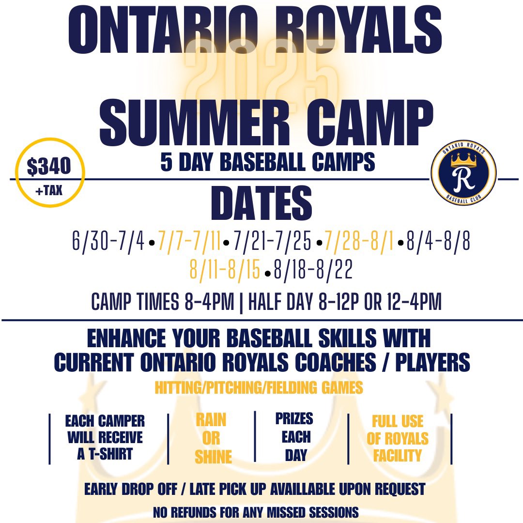 Ontario Royals Baseball (@ontarioroyals) on Twitter photo 2025 Summer Camps are here!
Contact repthecrown@gmail.com
or
Fill out registration link ontarioroyals.com/Forms/1049/ONT… 2025 Summer Camps are here!
Contact repthecrown@gmail.com
or
Fill out registration link ontarioroyals.com/Forms/1049/ONT…