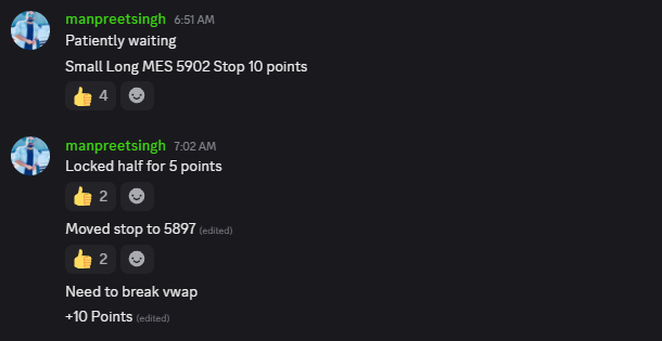 preetkailon's tweet image. 🔥 3-for-3 on 10-pointers today! $ES $NQ

1️⃣ 5902 long – VWAP break, locked half +5, full exit +10
2️⃣ 5914 long – Nailed the move, but got pulled away... out flat
3️⃣ 5903 long – Clean trendline bounce, textbook 10-pointer
Precision over noise. Let’s keep stacking. 💯📈