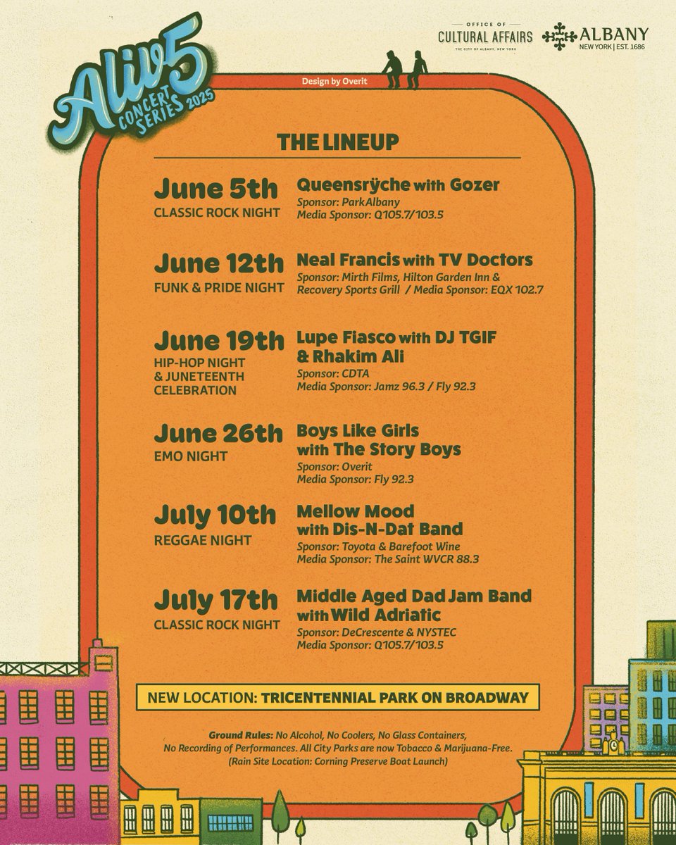 Next up! Our 2025 Alive at Five Summer Concert Series kicks off on June 5th at a brand-new location at Tri-Centennial Park on Broadway! Check out the lineup below! #aliveatfive #concertseries #free #livemusic #albanyny #fyp #capitalregion #ny