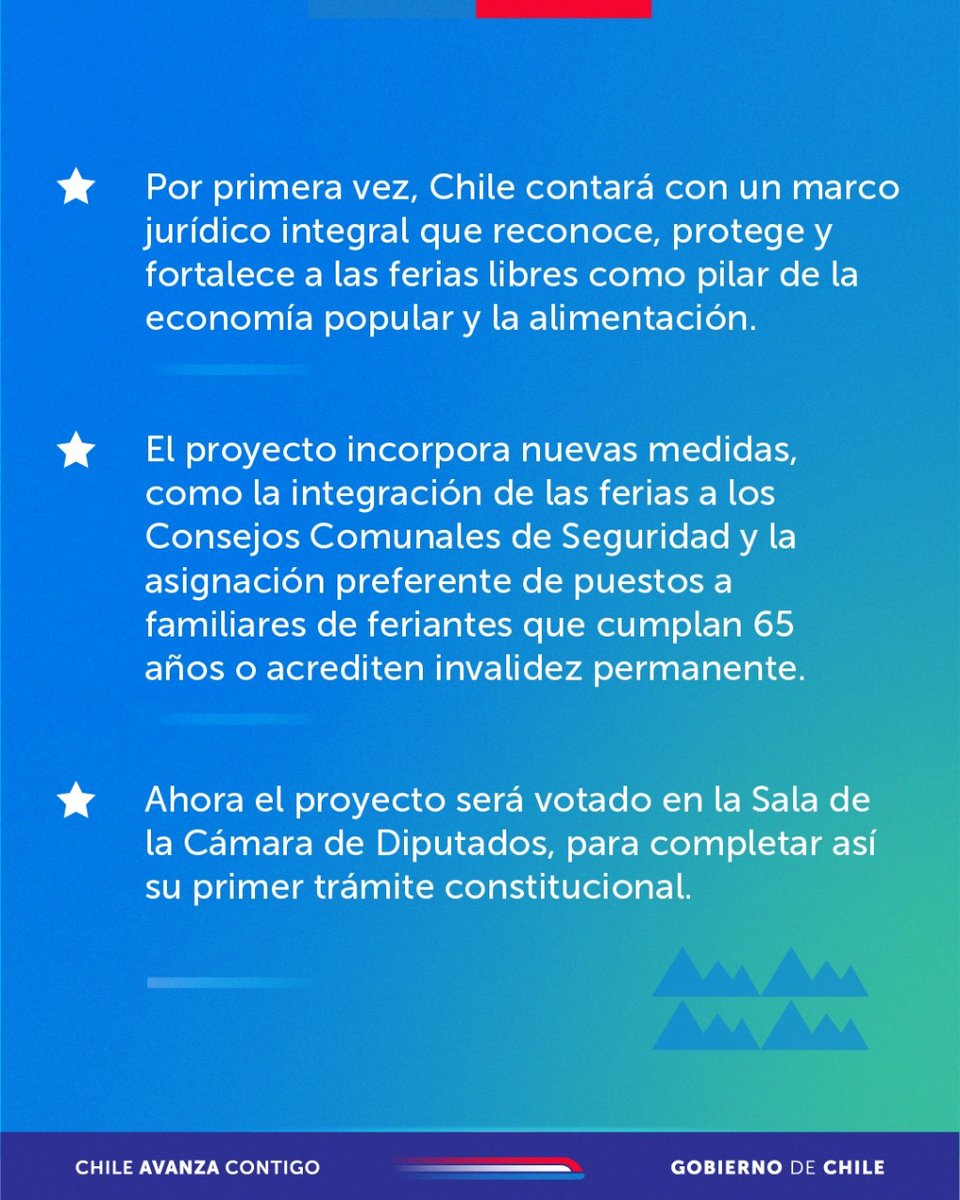 ¡Avanzamos! ✅

Proyecto de Ley de Ferias Libres se despacha en la Comisión de Hacienda y pasa a Sala de la Cámara.🍏🍅

📌Damos un paso más hacia la estabilidad, dignidad y futuro para más de 300 mil personas que trabajan en las ferias de todo Chile.

Conoce más detalles 👉