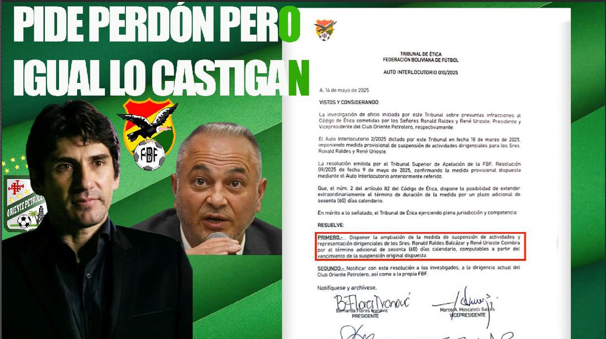 Tribunal de Ética amplia a otros 60 días la suspensión de Raldes.