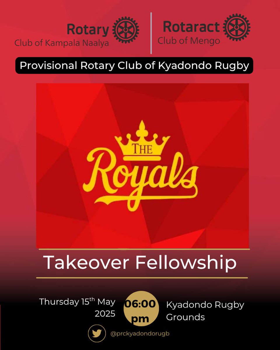 Kyadondo get ready 🤩🥳💃🏿

Join the Royals this Thursday for a Takeover fellowship from The Provisional Rotary Club of Kyadondo Rugby💫

📌Kyadondo Rugby grounds
📆Thursday 15/05/25
⏰6:00pm

Come and we make it memorable
 
#TheRoyals
#TheRoyaltakeover
#PRTeam