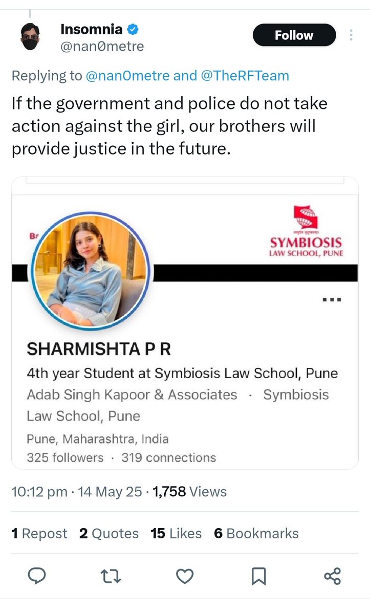 Voice of Hindus (@warlock_shubh) on Twitter photo Hello <a href="/PuneCityPolice/">рдкреБрдгреЗ рд╢рд╣рд░ рдкреЛрд▓реАрд╕</a>
Sharmishta Panoli is a hindu girl & just living her life, she just replied some Pakistani trolls it offended radical Islamists of India now they want to STSJ her
<a href="/DGPMaharashtra/">рдорд╣рд╛рд░рд╛рд╖реНрдЯреНрд░ рдкреЛрд▓реАрд╕ - Maharashtra Police</a> & please protect her at any cost ЁЯЩПЁЯП╗
Cc- <a href="/Dev_Fadnavis/">Devendra Fadnavis</a> Hello <a href="/PuneCityPolice/">рдкреБрдгреЗ рд╢рд╣рд░ рдкреЛрд▓реАрд╕</a>
Sharmishta Panoli is a hindu girl & just living her life, she just replied some Pakistani trolls it offended radical Islamists of India now they want to STSJ her
<a href="/DGPMaharashtra/">рдорд╣рд╛рд░рд╛рд╖реНрдЯреНрд░ рдкреЛрд▓реАрд╕ - Maharashtra Police</a> & please protect her at any cost ЁЯЩПЁЯП╗
Cc- <a href="/Dev_Fadnavis/">Devendra Fadnavis</a>