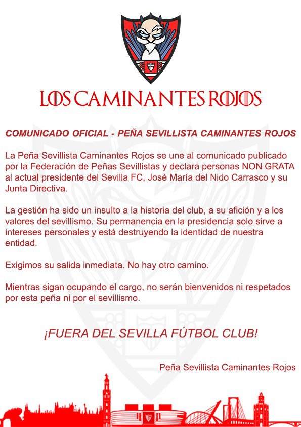 Comunicado oficial.

Nos adherimos a lo publicado por la <a href="/fpsevillistas/">F. Peñas Sevillistas</a> 

Este es el camino.

FUERA BASTARDOS DEL CLUB.