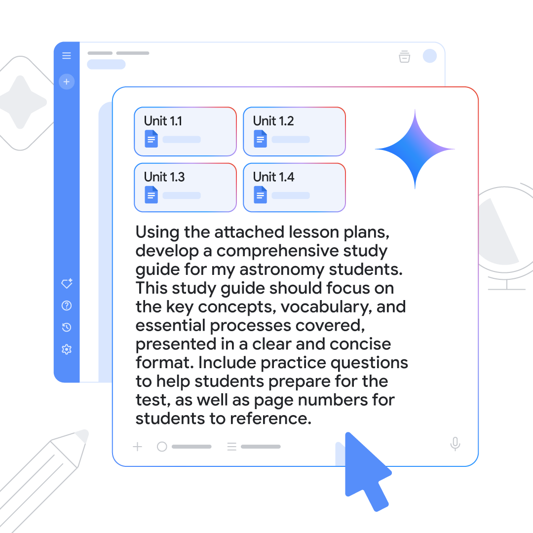 GoogleForEdu's tweet image. Do lesson plans have you feeling like you're lost in space? 🪐 #Gemini can help you chart a course to stellar study guides ✨ Try out this prompt and let us know in the comments how you use the @GeminiApp. gemini.google.com