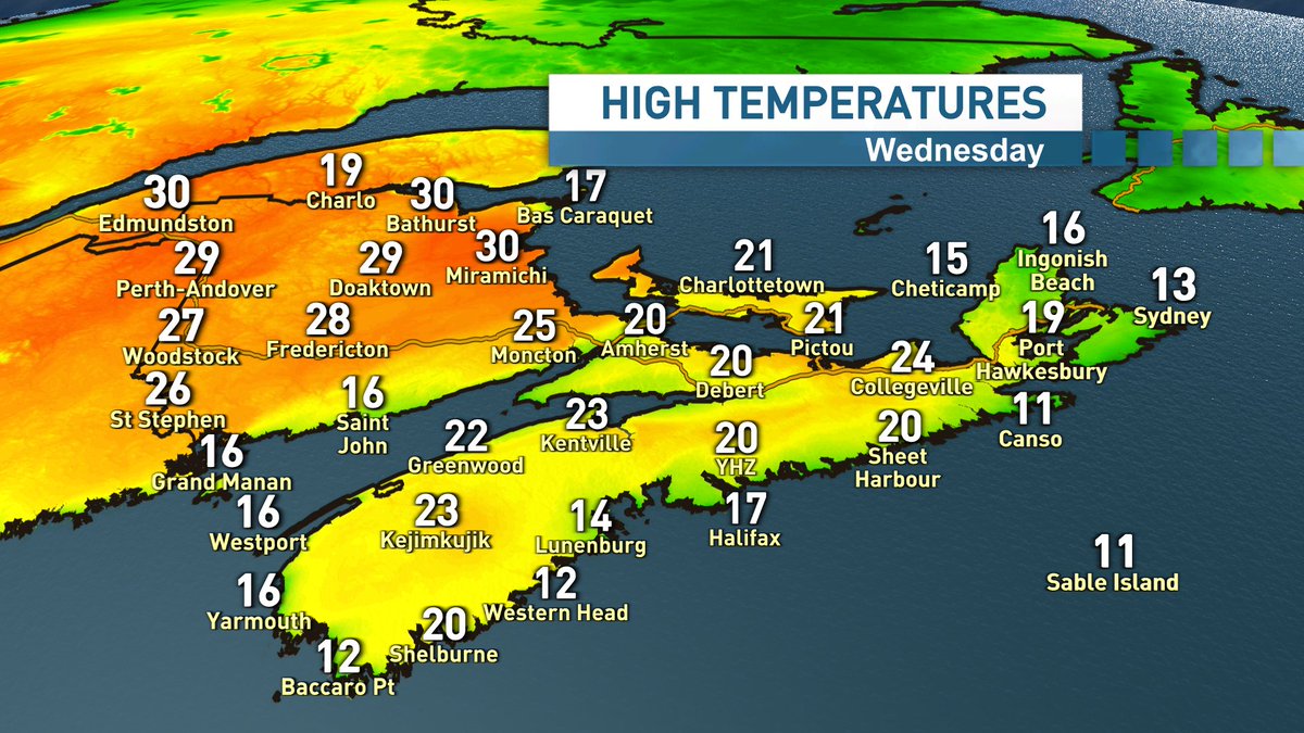 ryansnoddon's tweet image. First 30's of the season in the Maritimes today!
Miramichi, Bathurst & Edmundston all reached that mark & set new May 14th records.
Widespread mid-high 20s elsewhere.
More summer like warmth on tap for Thursday.
Winds shift throughout Friday ushering in cooler air.
#nswx #nbwx