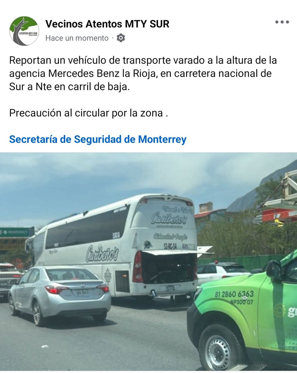 Reportan un vehículo de transporte varado a la altura de la agencia Mercedes Benz la Rioja, en carretera nacional de Sur a Nte en carril de baja.

Precaución al circular por la zona .

@SSPCMonterrey