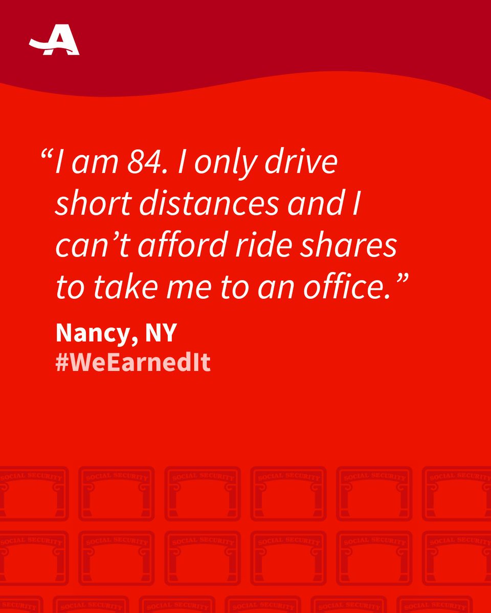 Over 3.7 million NYers earned their Social Security through years of hard work. We must minimize barriers that prevent people like Nancy from getting the service she needs for her lifeline. Urge Congress to protect Social Security for everyone action.aarp.org/secure/pledge-… #WeEarnedIt