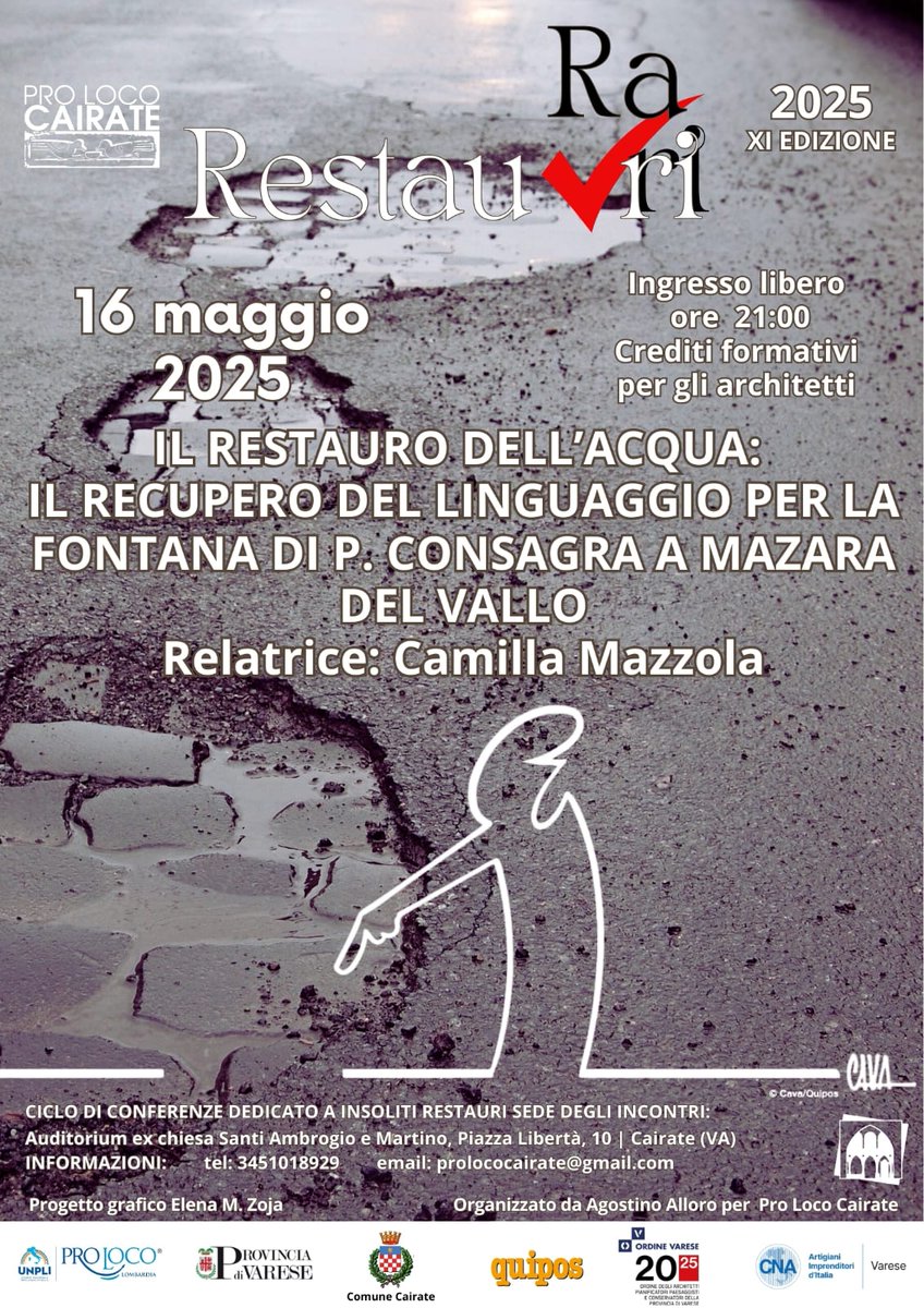 Venerdì 16 maggio prosegue l'appuntamento con RESTAU(RA)RI - INSOLITI RESTAURI 

L'incontro è libero e gratuito sino ad esaurimento posti 

📅 Venerdì 16 maggio 
⏱️ Ore 21.00
📪 Auditorium di Cairate / Piazza Libertà, Cairate (VA)
INGRESSO LIBERO