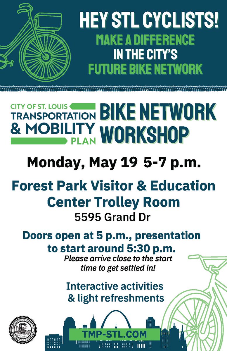 On Monday, May 19th, the City of St. Louis will be hosting a Bike Network Planning Workshop at the Forest Park Visitor's Center, from 5pm to 7pm (short presentation at 5:30) Please come help shape an expanding network of bike routes through our city: tmp-stl.com