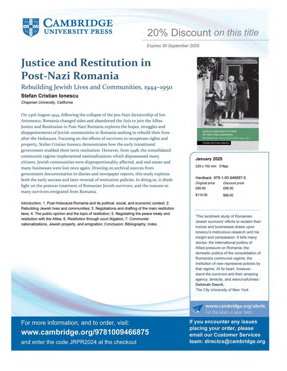 For those interested in buying my recent book - "Justice and Restitution in Post-Nazi Romania" - here is the discount flyer from <a href="/cambUP_History/">Cambridge University Press - History</a>.