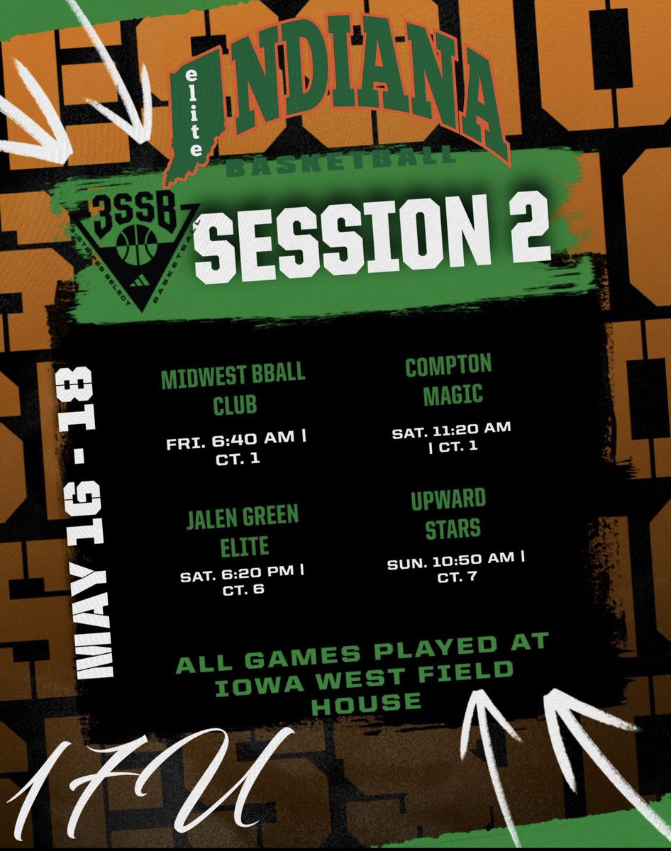 My game schedule this weekend for session 2 in Council Bluffs, Iowa! 

🚨session 1 stats. 
FG/57.9%
FT/100%
3PT/ 57.1%

-2600 varsity points (school record)
-767 varsity rebounds
-481 3’s made(3rd all time in state KY)