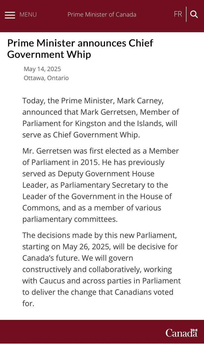 I am deeply honoured to take on the role in our newly elected government as Chief Government Whip.

Thank you, Prime Minister Mark Carney, for entrusting me with this responsibility. Let's get to work! 💪

More: pm.gc.ca/en/news/news-r…