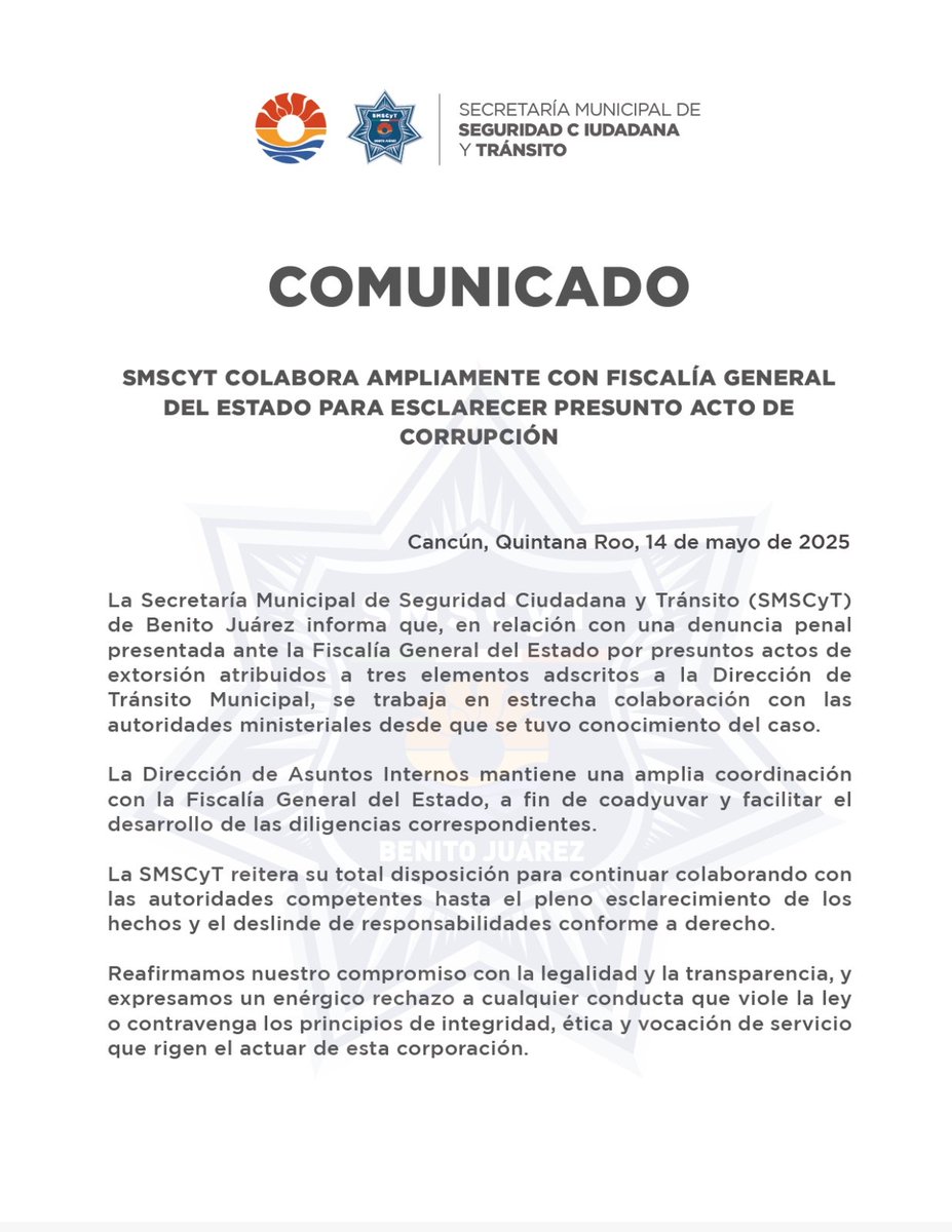 Colaboramos ampliamente con la <a href="/FGEQuintanaRoo/">Fiscalía General del Estado de Quintana Roo</a>  para esclarecer un presunto acto de corrupción atribuido a tres elementos de Tránsito. Reiteramos nuestro compromiso con la legalidad y la transparencia, y rechazamos firmemente cualquier conducta que viole la ley.