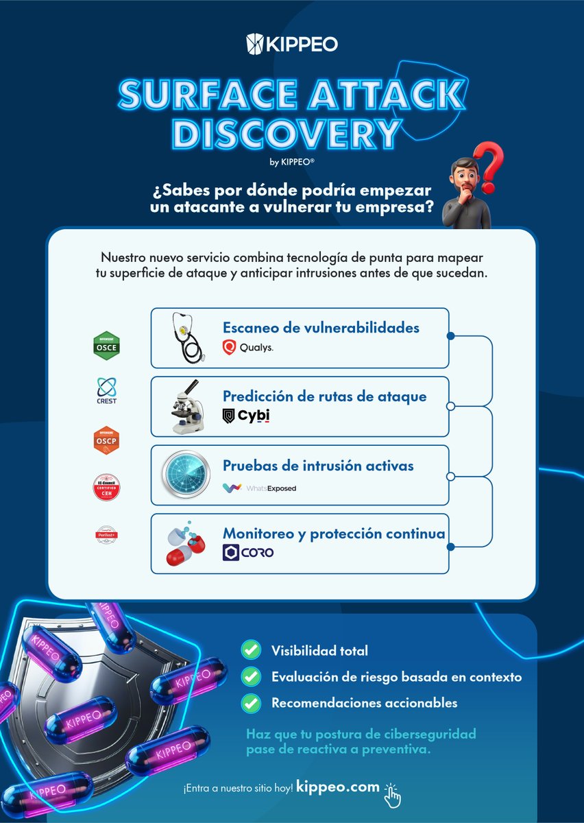 KIPPEO_Tech's tweet photo. 🔎 🛡️¿Sabes por dónde te atacaría un hacker?
Con Surface Attack Discovery de KIPPEO mapeamos tu superficie de ataque y te protegemos antes de que suceda.

🔗 Más en https://t.co/PAmqwXTCv5

#Cybersecurity #KIPPEO #SurfaceAttackDiscovery #Pentesting https://t.co/ssiRaSq3a7