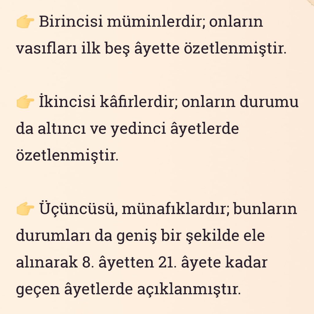 Cenab-ı Allah Bakara Sûresinin başında önce yüce kitabı Kur’an’dan, onun müttakîler için bir yol gösterici ve hidayet kaynağı oluşundan, sonra da gayba imandan ve İslâm’ın temelini oluşturan ana vazifelerden söz etmiş ve bu arada insanları inanç yönünden üç guruba ayırmıştır: