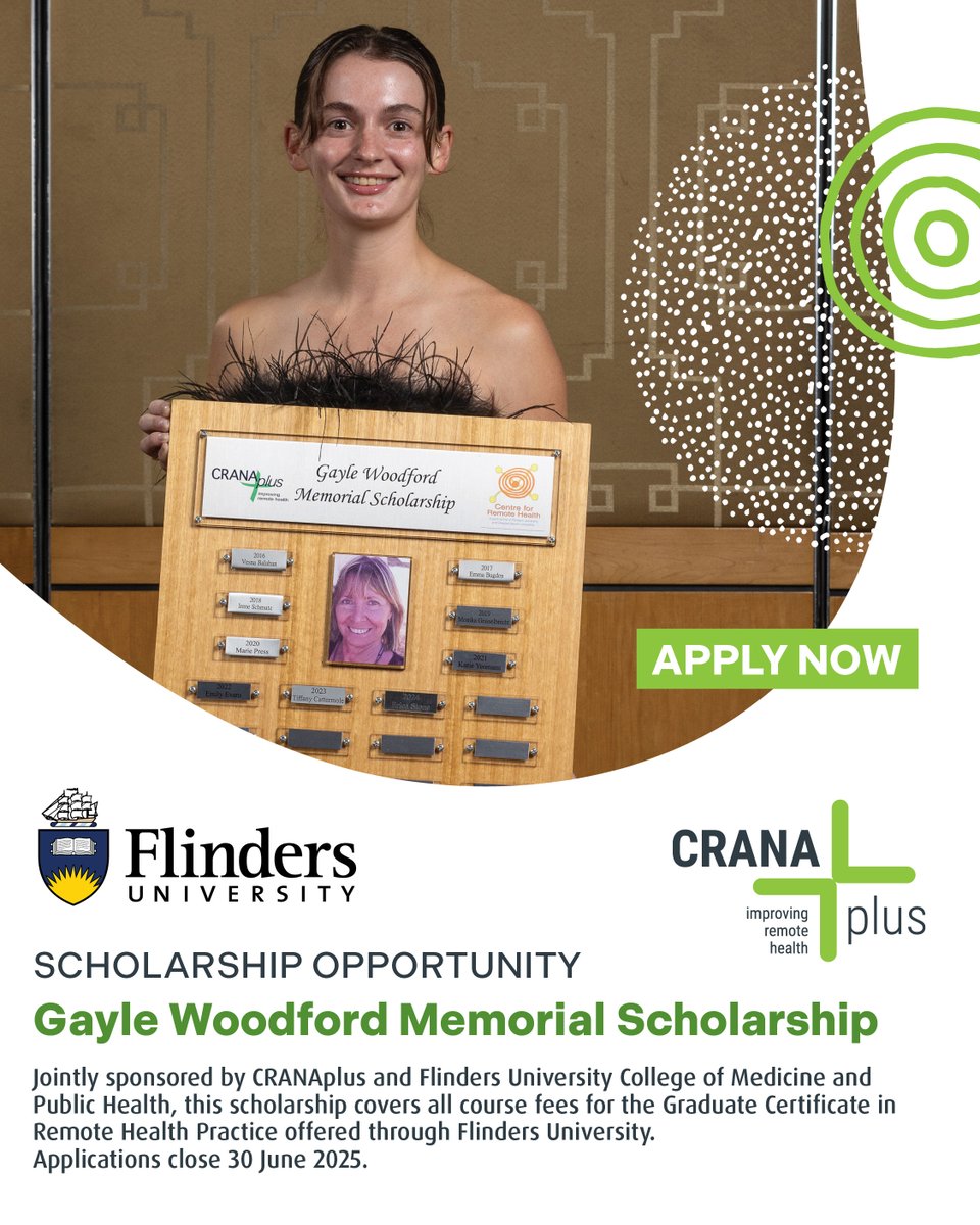 Want to undertake the Graduate Certificate in Remote Health Practice at Flinders University … for free? 

The Gayle Woodford Memorial Scholarship, jointly sponsored by CRANAplus and Flinders University, covers all course fees. Apply before 30 June 2025: crana.org.au/scholarships